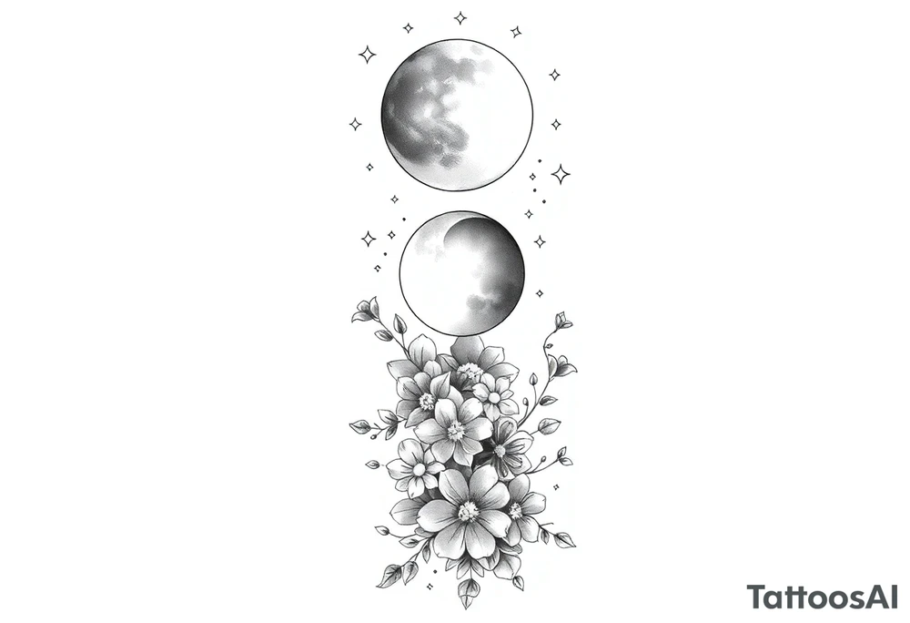 new moon, waxing crescent, first quarter, waxing gibbous, full moon, waning gibbous, last quarter, and waning crescent going down the spine vertically flowers and vines and stars around it tattoo idea