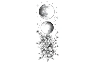 new moon, waxing crescent, first quarter, waxing gibbous, full moon, waning gibbous, last quarter, and waning crescent going down the spine vertically flowers and vines and stars around it tattoo idea