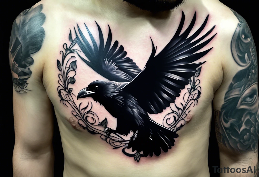 Black and white tattoo. The main image is a raven and a butterfly flying together towards the sky. The raven is shrouded in light and the butterfly in darkness. In the background you can see a 46 (from Valentino Rossi). You can also see a small scorpion and an 89, as well as a large lettering that reads "SKF". tattoo idea