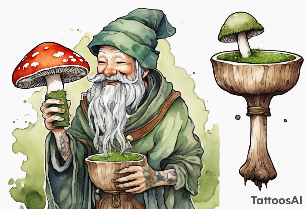 a mushroom person with a smiling moss face wearing a medieval tunic drinking from a wood cup tattoo idea