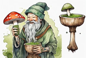 a mushroom person with a smiling moss face wearing a medieval tunic drinking from a wood cup tattoo idea