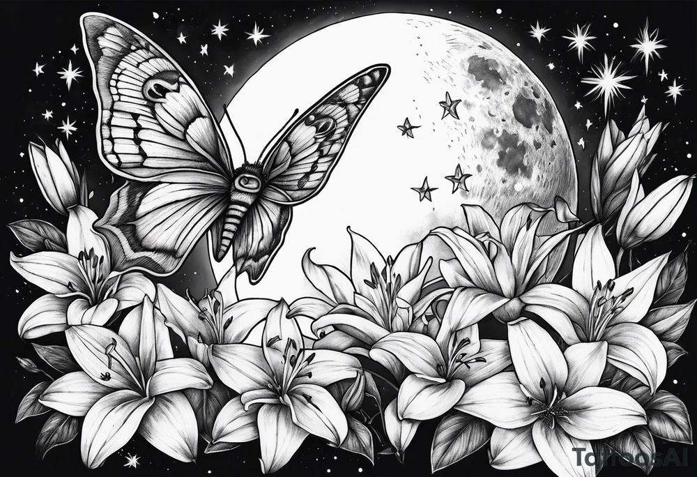 Moon and stars with a moth and Lillies tattoo idea