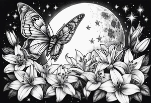 Moon and stars with a moth and Lillies tattoo idea