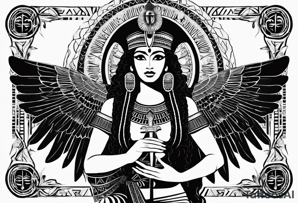 black and white Egyptian goddess Isis, who is often depicted as a woman with outstretched wings, holding an ankh (a symbol of life) in one hand and a lotus flower in the other. Her headdress often includes a throne or a solar disk. The tattoo design can vary in style and size, but it typically aims to capture the essence of this revered Egyptian deity, emphasizing her beauty, power, and maternal qualities. The choice of colors and additional elements can also be customized to create a unique and visually striking representation of the goddess Isis tattoo idea