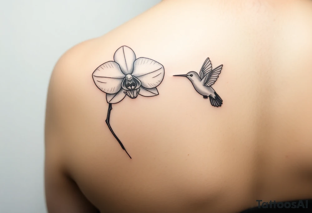 A delicate, black and white fine-line tattoo for make, featuring a gracefully detailed orchid in full bloom (stem and at least 2 flowers), with soft, intricate petals and elegant curves. Beside it, a hummingbird hovers mid-flight, its wings drawn with subtle motion lines, its slender beak reaching toward the orchid’s center to drink its nectar. The design captures a sense of balance and harmony, with the contrast between the stillness of the flower and the gentle energy of the bird. Perfectly suited for the upper arm, this piece combines nature’s beauty and movement in a timeless, minimalist style tattoo idea