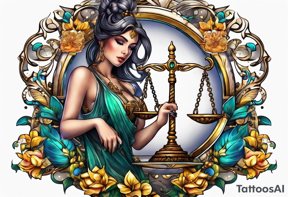 Intricate libra scales held by a beautiful woman tattoo idea