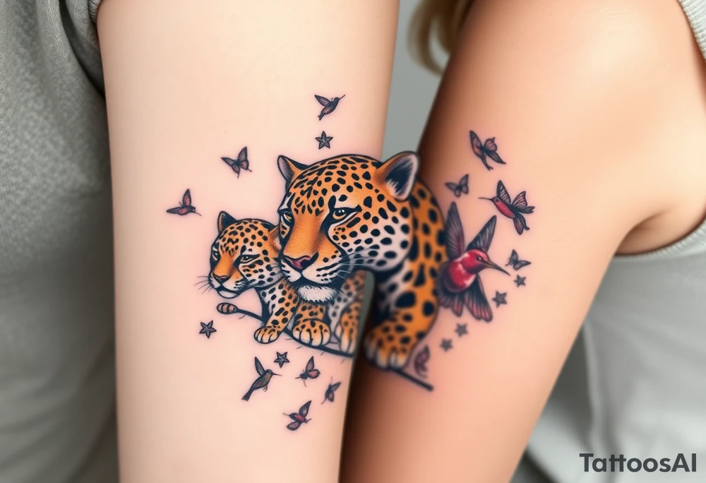 head of 3 jaguars (1 mother and 2 cubs) surrounded by butterflies and hummingbirds in new old school style tattoo idea