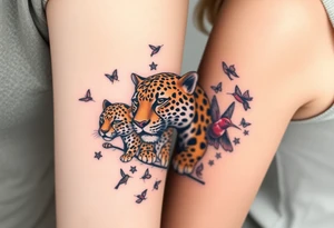 head of 3 jaguars (1 mother and 2 cubs) surrounded by butterflies and hummingbirds in new old school style tattoo idea