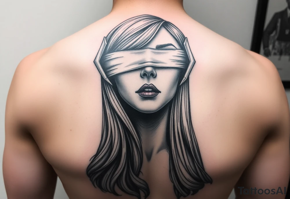 Women that has big eyes but her eyes are not there cause she is blind with a nose and long long hair that is flowing down her chest and back and her big lips are sown shut like stitches to her mouth and her ears both are bleeding tattoo idea