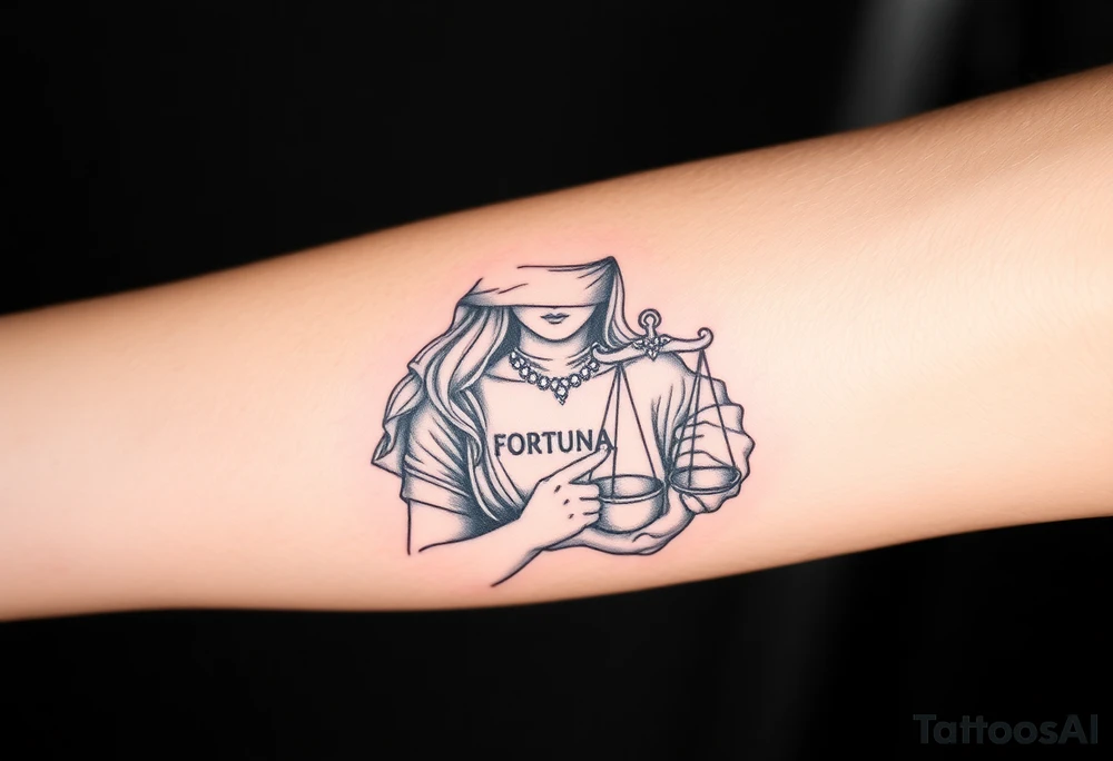 Fortuna's card as a beautiful woman with eyes covered with material, holds a scale in her hands tattoo idea
