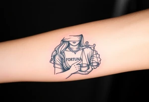 Fortuna's card as a beautiful woman with eyes covered with material, holds a scale in her hands tattoo idea