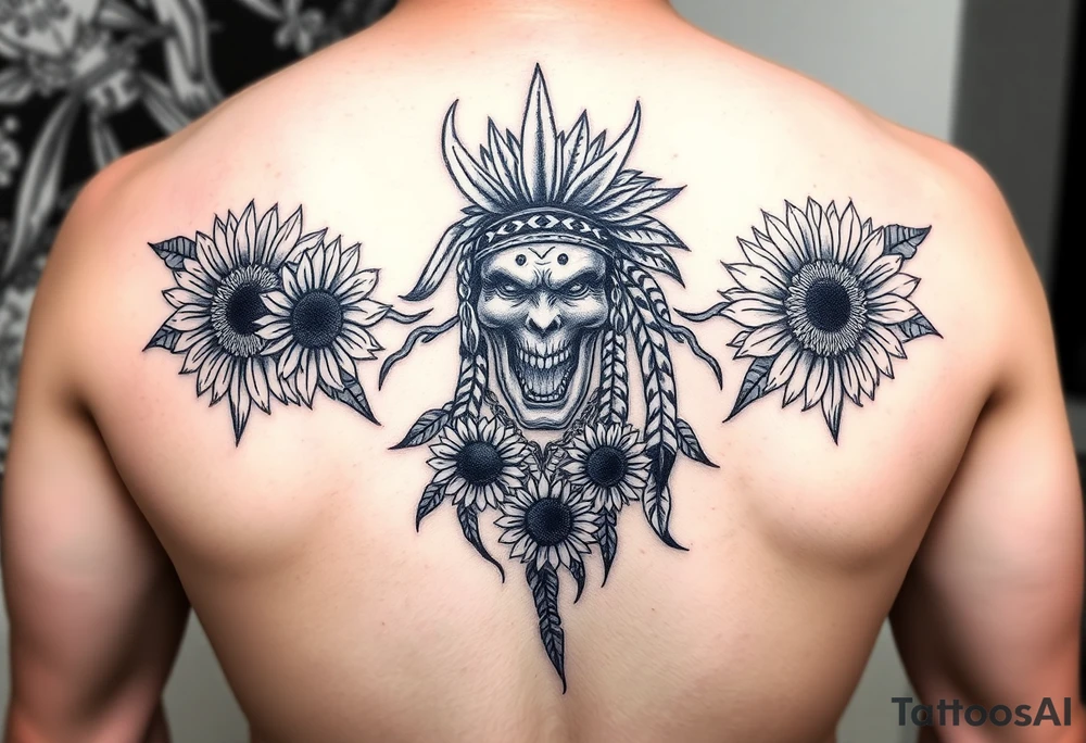Native american gorgon with sunflowers tattoo idea