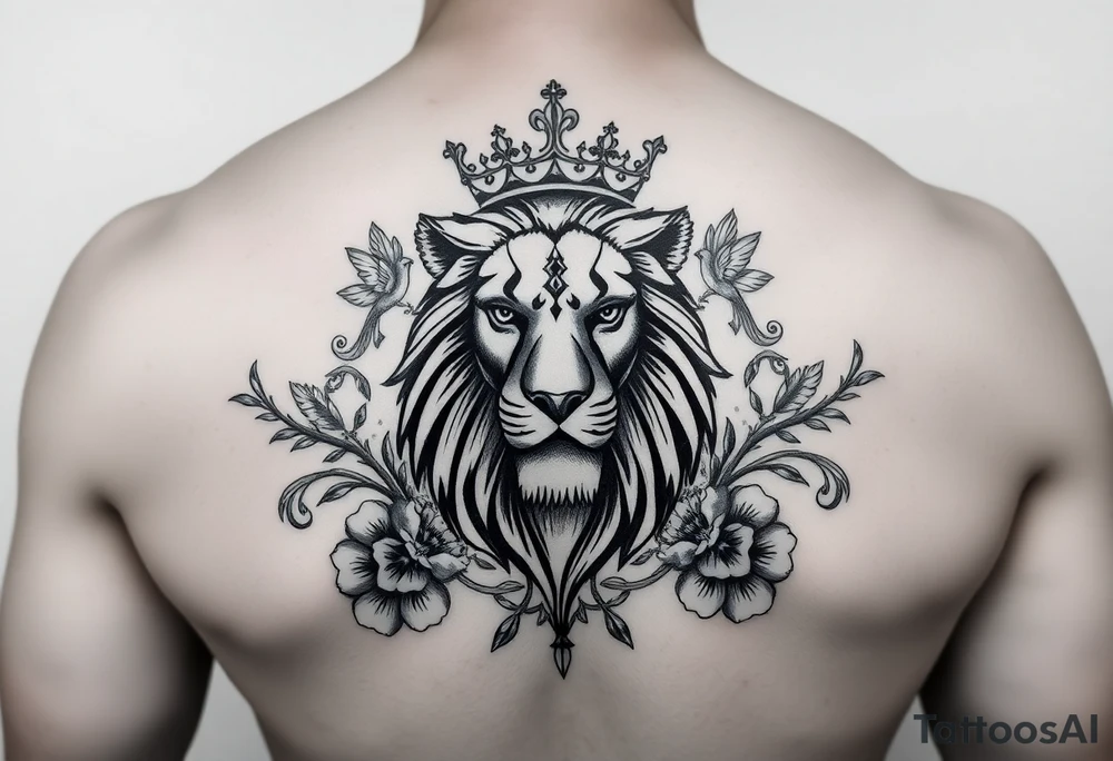 powerful majestic lion with a crown, surrounded by floral ornaments and birds tattoo idea