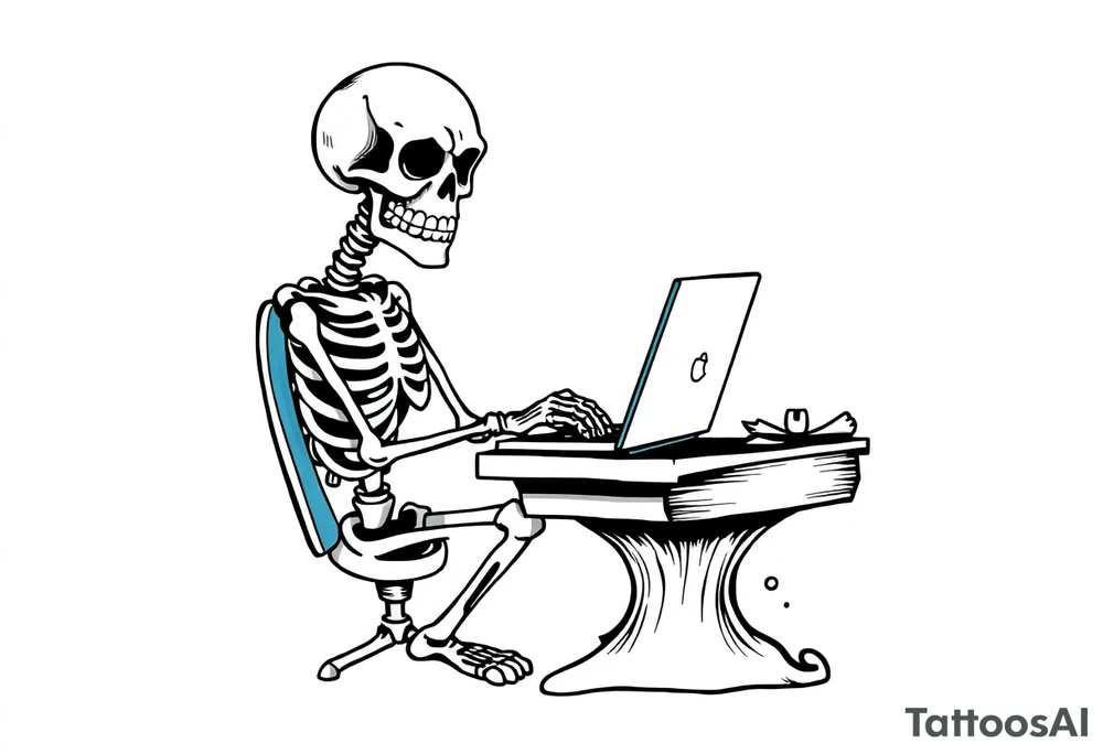 skeleton working at a desk with a laptop tattoo idea