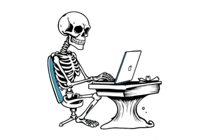 skeleton working at a desk with a laptop tattoo idea