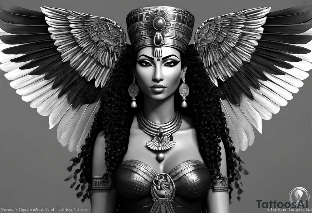 black and white Egyptian goddess Isis, who is often depicted as a woman with outstretched wings, holding an ankh (a symbol of life) in one hand and a lotus flower in the other. Her headdress often includes a throne or a solar disk. The tattoo design can vary in style and size, but it typically aims to capture the essence of this revered Egyptian deity, emphasizing her beauty, power, and maternal qualities. The choice of colors and additional elements can also be customized to create a unique and visually striking representation of the goddess Isis tattoo idea