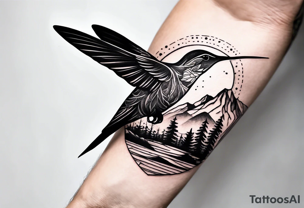 Forearm tattoo with southwest landscape and hummingbird silhouette tattoo idea