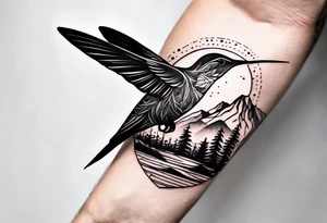 Forearm tattoo with southwest landscape and hummingbird silhouette tattoo idea