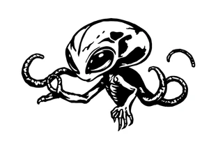 A silhouette stencil style drawing of an cute alien tattoo idea