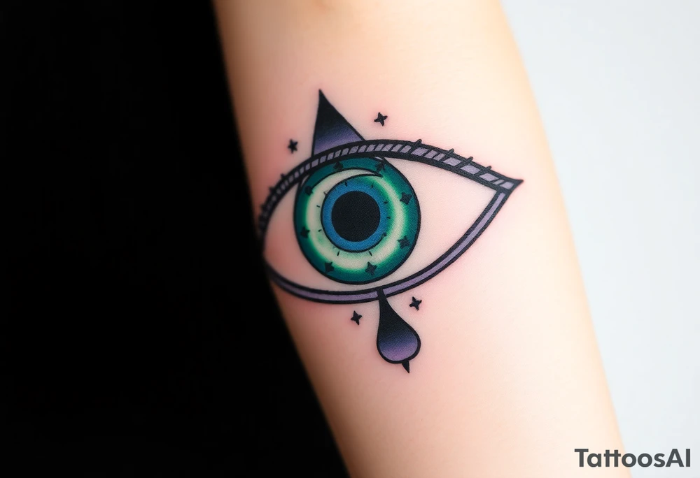 Large outline of an almond shaped eye with an ace of spades for the eyeball center colored greenish blue with a crescent moon stars and clouds inside vivid colors blue green purple tattoo idea