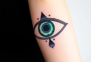 Large outline of an almond shaped eye with an ace of spades for the eyeball center colored greenish blue with a crescent moon stars and clouds inside vivid colors blue green purple tattoo idea