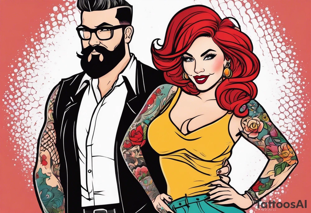 Busty Red haired woman with black haired bearded man tattoo idea