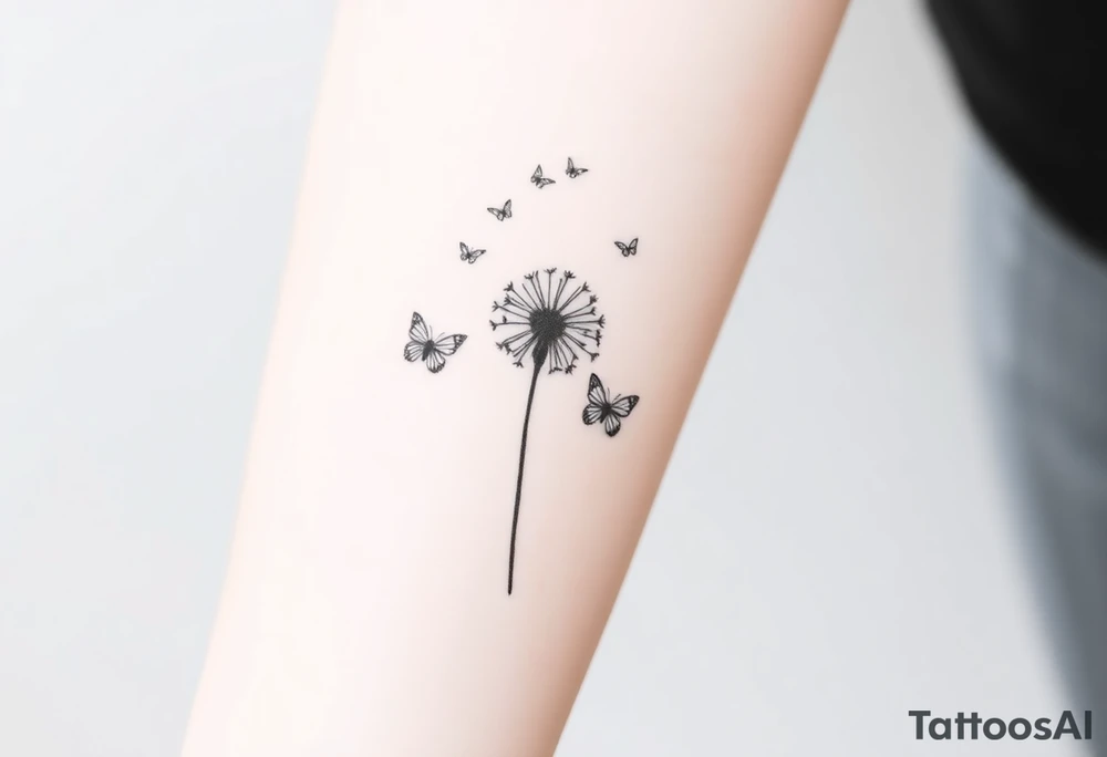 a dandelion and two (2) minimalistic butterflies flying around it. The course of the butterflies is shown tattoo idea