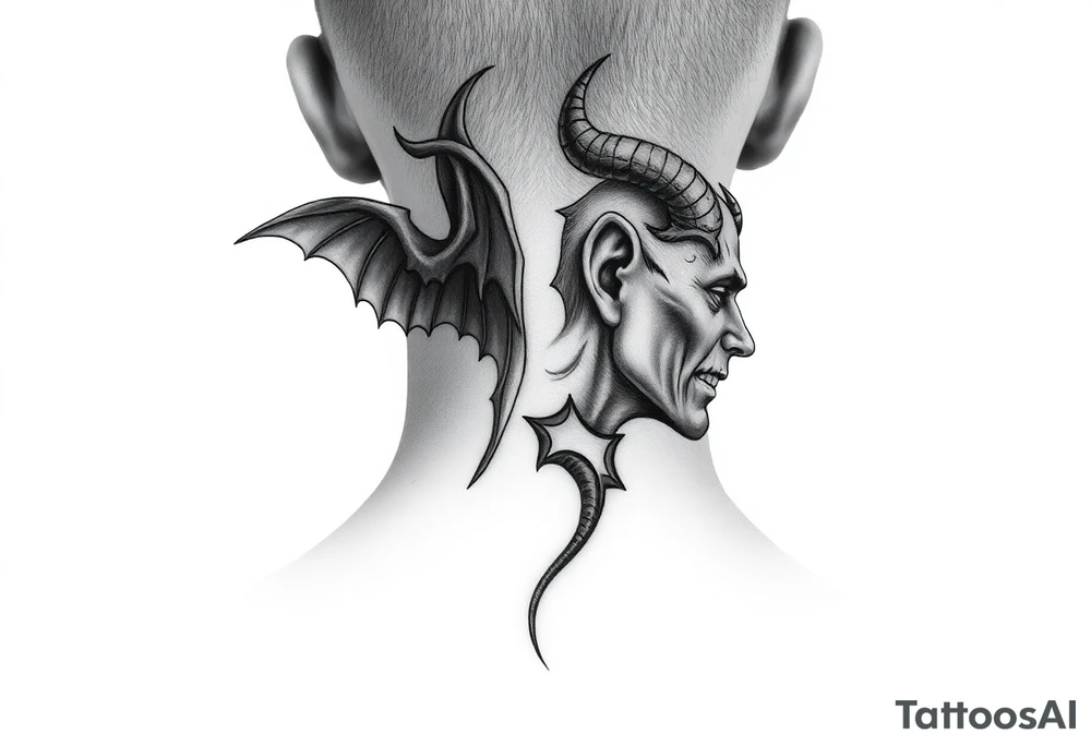 position behind the neck Angel (on the right) whispering in the right ear, demon (on the left) whispering in the left ear. It must be as realistic as possible. tattoo idea