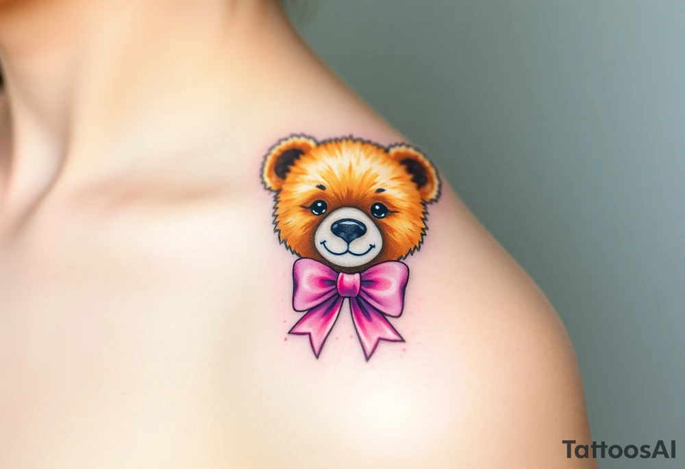 realistic tan teddy bear with a pink bow around its neck tattoo idea