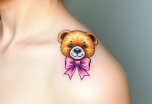 realistic tan teddy bear with a pink bow around its neck tattoo idea