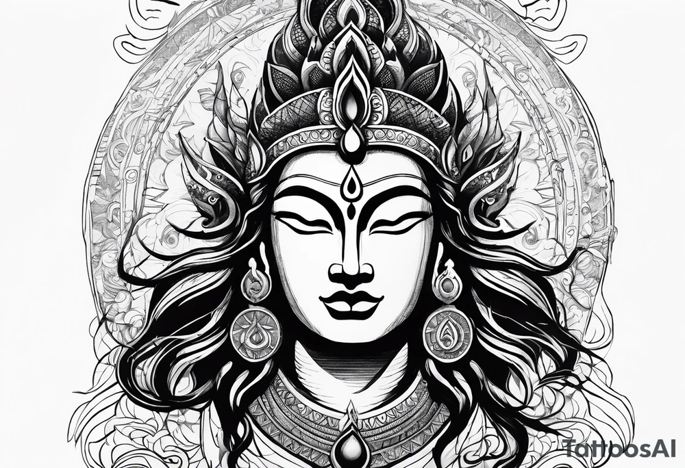 envision Shiva in a dynamic pose, surrounded by symbols representing adventure and karma, with flowing elements to signify your go-with-the-flow attitude. tattoo idea