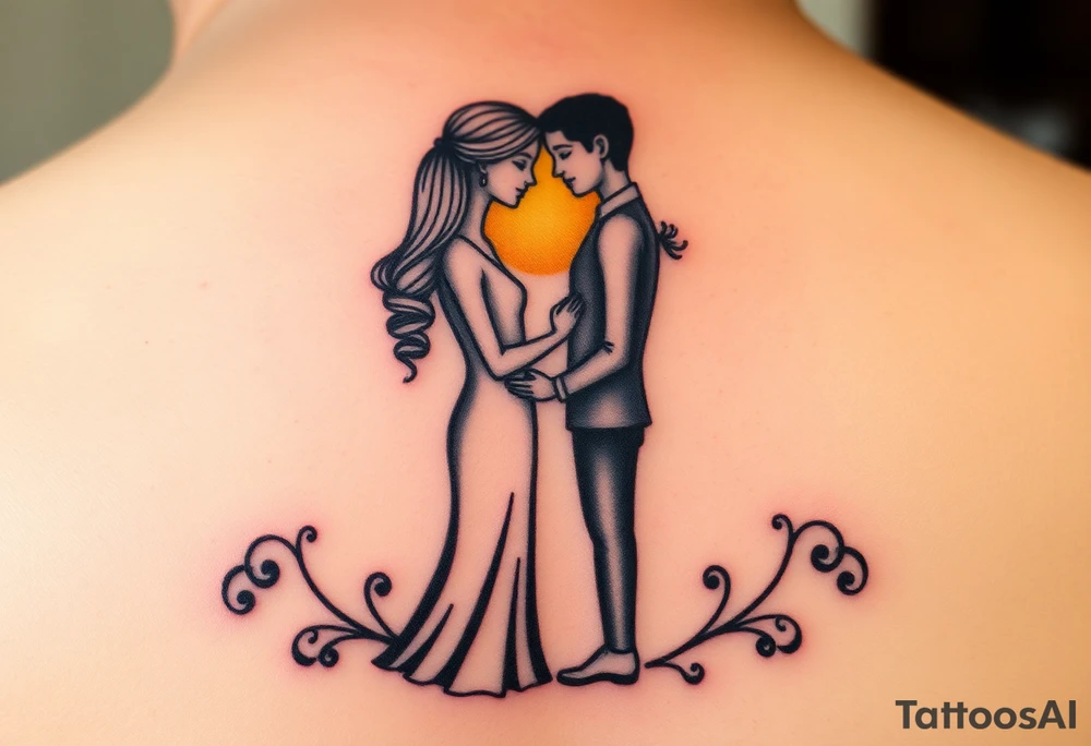 A couple standing at the altar, facing each other, bathed in a golden sunlight glow tattoo idea