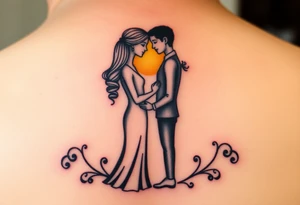 A couple standing at the altar, facing each other, bathed in a golden sunlight glow tattoo idea