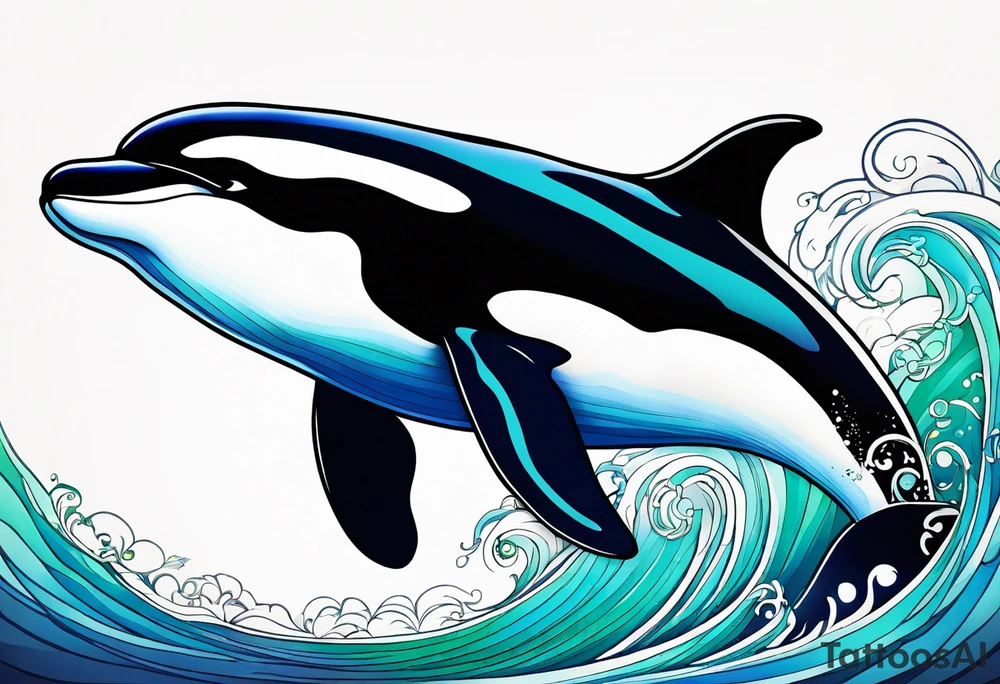 a killer whale with blues shades and light greens, very minimalistic and small tattoo idea