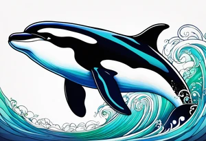 a killer whale with blues shades and light greens, very minimalistic and small tattoo idea