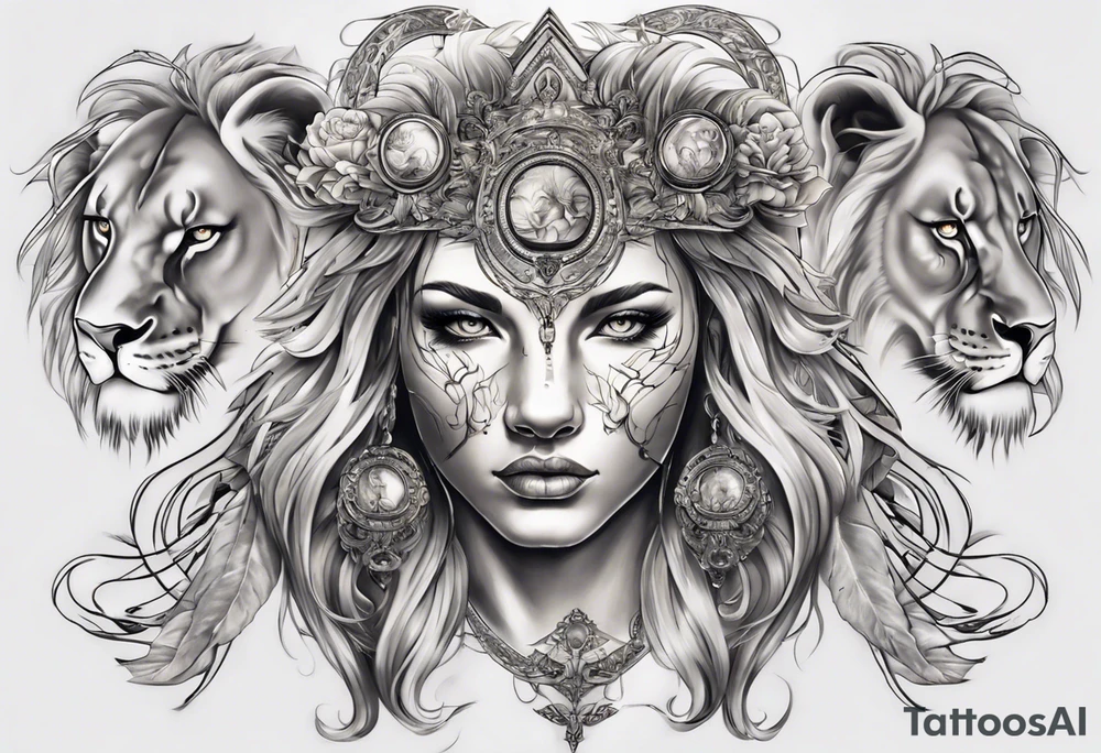 a tattoo which the face will be devided to 2 parts , half lion half godess tattoo idea