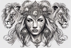 a tattoo which the face will be devided to 2 parts , half lion half godess tattoo idea