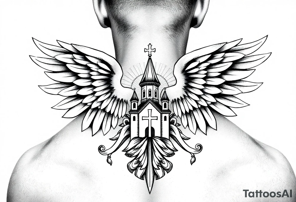 an actual russian coat of arms with the eagles wings spanning out on my back neck across my shoulders / traps with a orthodox christian church being visible in a mountainous sun beaming setting, with the russian orthodox cross spire of the orthodox church being visible on my neck with a sun beaming in the background that the cross sits inside tattoo idea
