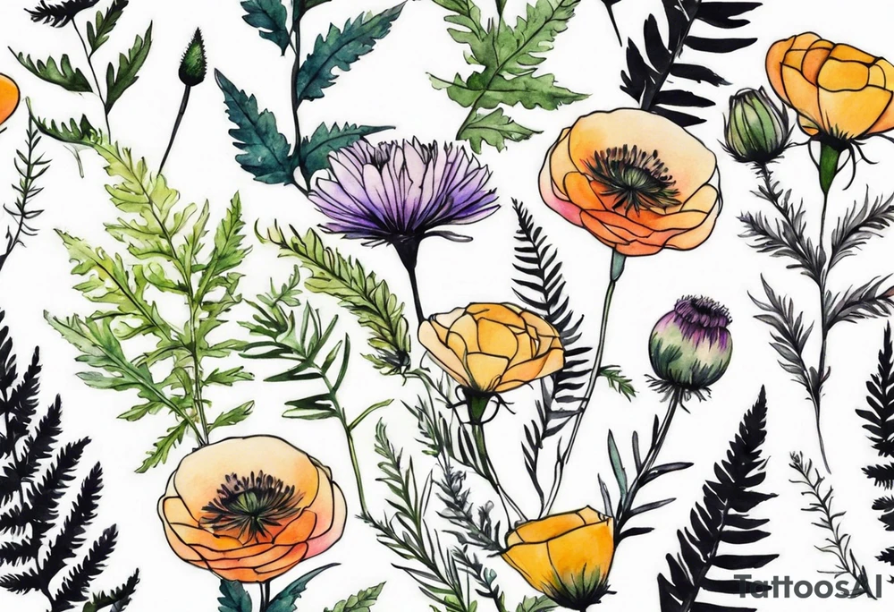 mixed wildflower bouquet with ferns, ranunculus, thistle and with watercolor tattoo idea