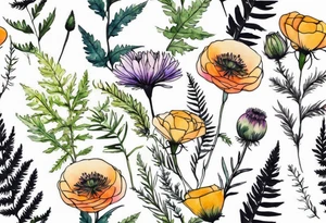 mixed wildflower bouquet with ferns, ranunculus, thistle and with watercolor tattoo idea