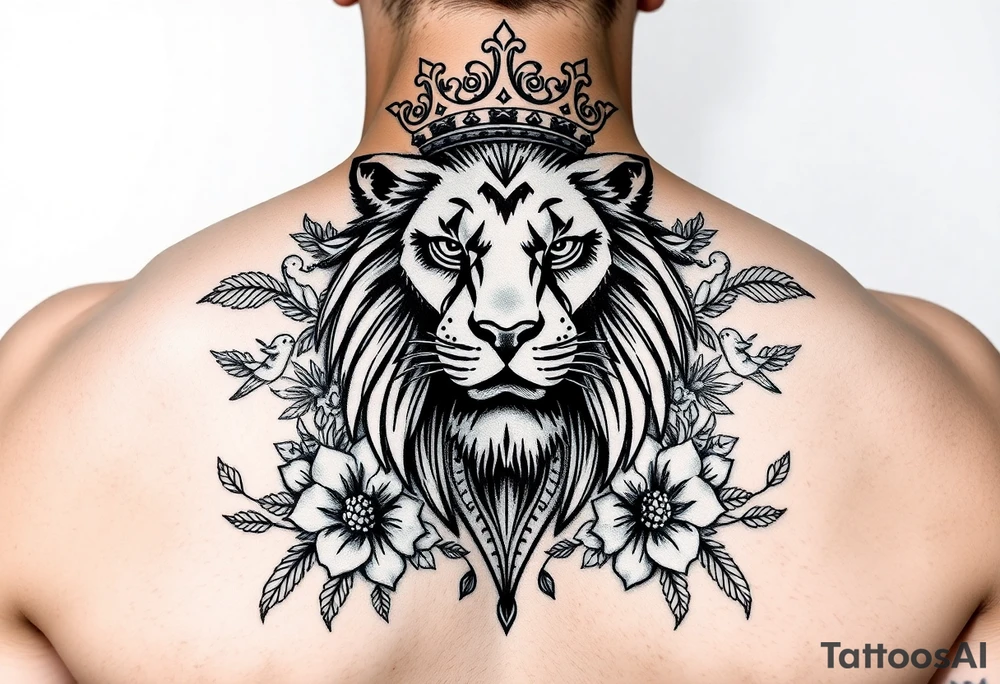 powerful majestic lion with a crown, surrounded by floral ornaments and birds tattoo idea