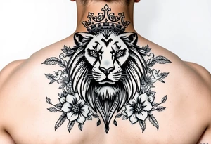 powerful majestic lion with a crown, surrounded by floral ornaments and birds tattoo idea