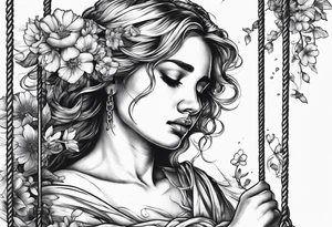 crying broken angel on swing add flowers around tattoo idea