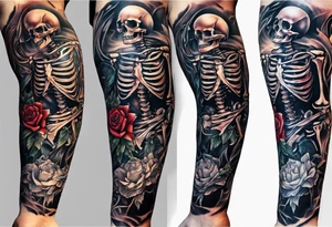 Arm sleeve skeleton, broken heart, pain suffering, loneliness, darkness, betrayal tattoo idea