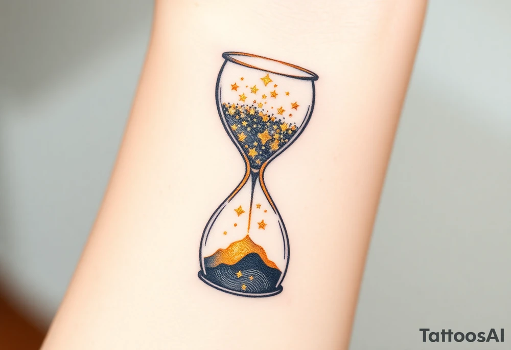 A golden hourglass where sand transforms into tiny stars, flowing down to mark the birth time, in shimmering gold and deep space black tattoo idea