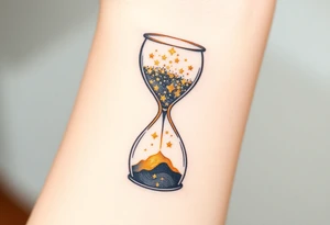 A golden hourglass where sand transforms into tiny stars, flowing down to mark the birth time, in shimmering gold and deep space black tattoo idea