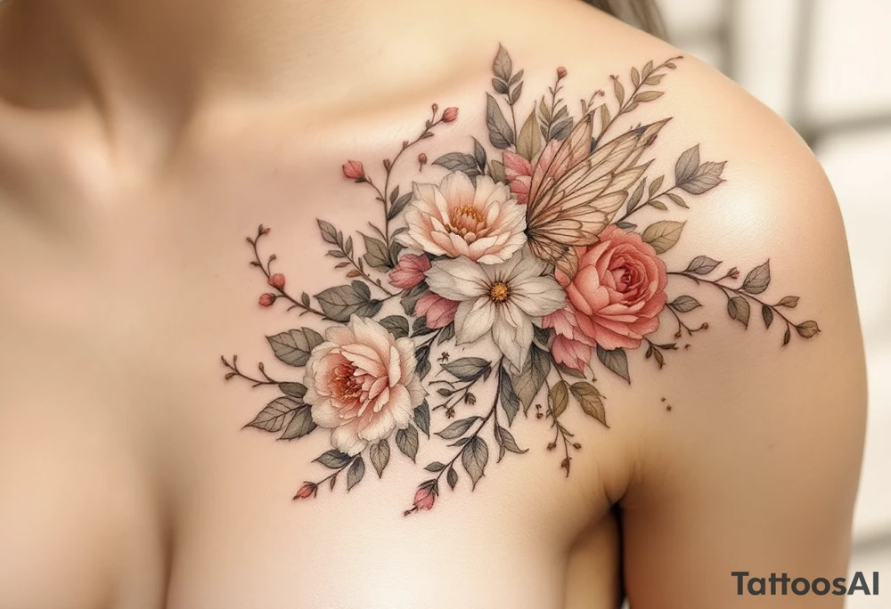 Alfons Mucha’s floral fairy in soft beige and blush tones, with ornamental frames in antique brass and muted coral. tattoo idea