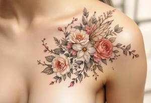 Alfons Mucha’s floral fairy in soft beige and blush tones, with ornamental frames in antique brass and muted coral. tattoo idea