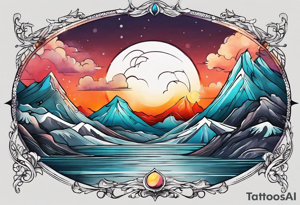 I want to 2 different tattoo design, but they will be in a matching style.
First tattoo will be mountains with a sunrise.
second tattoo will be sea with sunset. tattoo idea