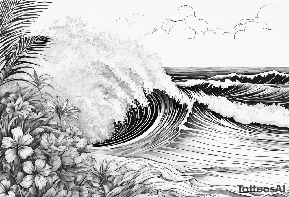 wave,, flower, palm, sea tattoo idea